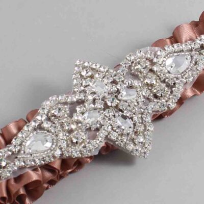 Pecan Brown Satin Wedding Garter / Solid Brown Wedding Garters / Lorine # (779-779)-01-A09-Silver