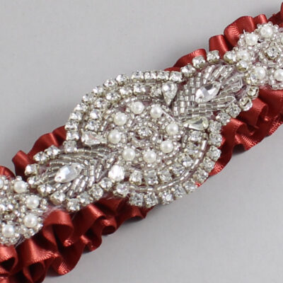 Rust Satin Wedding Garter / Solid Orange Wedding Garters / Charlotte # (780-780)-01-A06-Silver