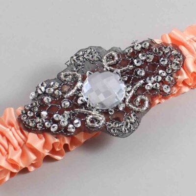 Peach Satin with Black Wedding Garter / Orange Wedding Garters / Bijou # (805-805)-01-A02-Black