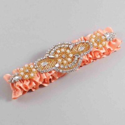 Peach Satin with Gold Wedding Garter / Orange Wedding Garters / Charlotte # (805-805)-01-A05-Gold