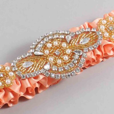 Peach Satin with Gold Wedding Garter / Orange Wedding Garters / Charlotte # (805-805)-01-A05-Gold