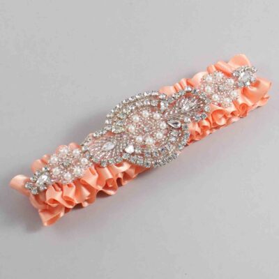 Peach Satin Wedding Garter / Solid Orange Wedding Garters / Charlotte # (805-805)-01-A06-Silver