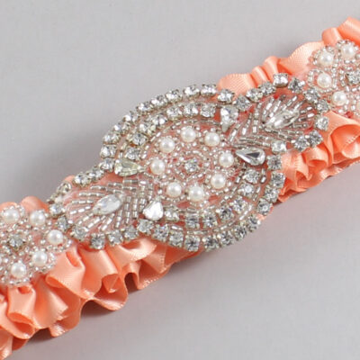 Peach Satin Wedding Garter / Solid Orange Wedding Garters / Charlotte # (805-805)-01-A06-Silver
