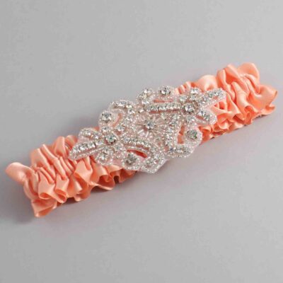 Peach Satin Wedding Garter / Solid Orange Wedding Garters / Heather # (805-805)-01-A07-Silver