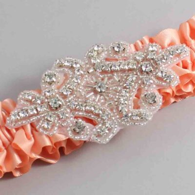 Peach Satin Wedding Garter / Solid Orange Wedding Garters / Heather # (805-805)-01-A07-Silver