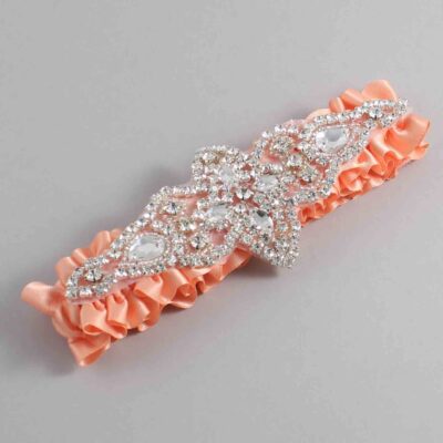 Peach Satin Wedding Garter / Solid Orange Wedding Garters / Lorine # (805-805)-01-A09-Silver