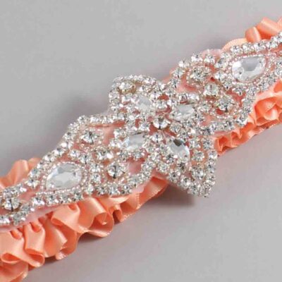 Peach Satin Wedding Garter / Solid Orange Wedding Garters / Lorine # (805-805)-01-A09-Silver