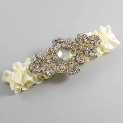 Cosmic Latte Satin with Brown Wedding Garter / Ivory Wedding Garters / Bijou # (810-810)-01-A01-Antique