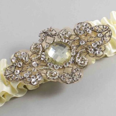 Cosmic Latte Satin with Brown Wedding Garter / Ivory Wedding Garters / Bijou # (810-810)-01-A01-Antique