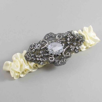 Cosmic Latte Satin with Black Wedding Garter / Ivory Wedding Garters / Bijou # (810-810)-01-A02-Black