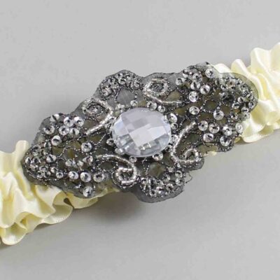 Cosmic Latte Satin with Black Wedding Garter / Ivory Wedding Garters / Bijou # (810-810)-01-A02-Black