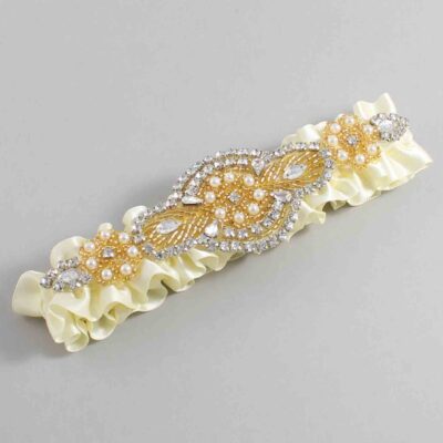 Cosmic Latte Satin with Gold Wedding Garter / Ivory Wedding Garters / Charlotte # (810-810)-01-A05-Gold