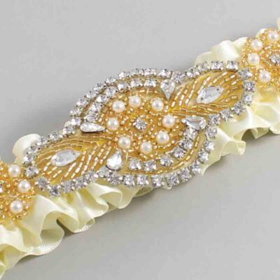 Cosmic Latte Satin with Gold Wedding Garter / Ivory Wedding Garters / Charlotte # (810-810)-01-A05-Gold