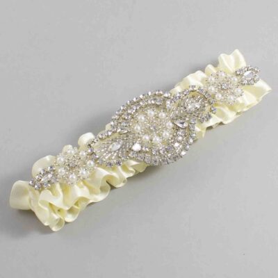 Cosmic Latte Satin Wedding Garter / Solid Ivory Wedding Garters / Charlotte # (810-810)-01-A06-Silver