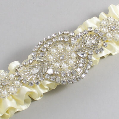 Cosmic Latte Satin Wedding Garter / Solid Ivory Wedding Garters / Charlotte # (810-810)-01-A06-Silver