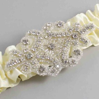 Cosmic Latte Satin Wedding Garter / Solid Ivory Wedding Garters / Heather # (810-810)-01-A07-Silver