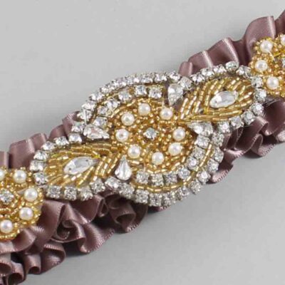 Ginger Snap Satin with Gold Wedding Garter / Brown Wedding Garters / Charlotte # (814-814)-01-A05-Gold