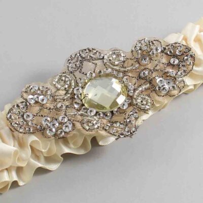 Beige Satin with Brown Wedding Garter / Ivory Wedding Garters / Bijou # (815-815)-01-A01-Antique
