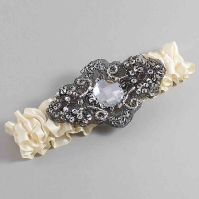 Beige Satin with Black Wedding Garter / Ivory Wedding Garters / Bijou # (815-815)-01-A02-Black