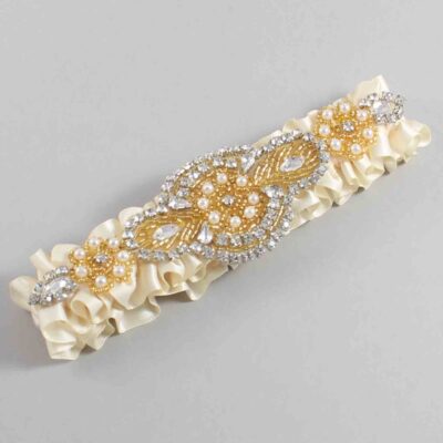 Beige Satin with Gold Wedding Garter / Ivory Wedding Garters / Charlotte # (815-815)-01-A05-Gold