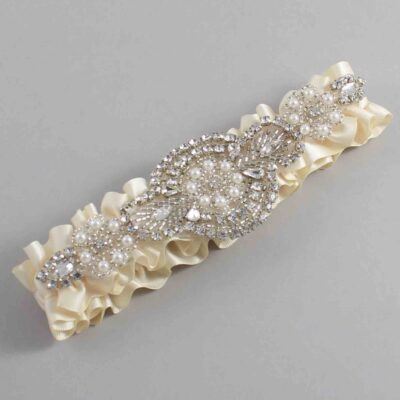 Beige Satin Wedding Garter / Solid Ivory Wedding Garters / Charlotte # (815-815)-01-A06-Silver