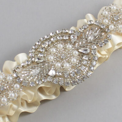 Beige Satin Wedding Garter / Solid Ivory Wedding Garters / Charlotte # (815-815)-01-A06-Silver