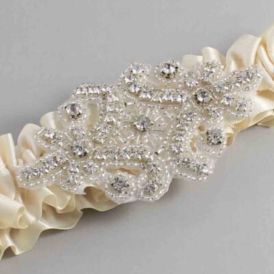Beige Satin Wedding Garter / Solid Ivory Wedding Garters / Heather # (815-815)-01-A07-Silver