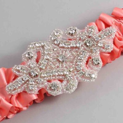 Woodrose Satin Wedding Garter / Solid Orange Wedding Garters / Heather # (816-816)-01-A07-Silver