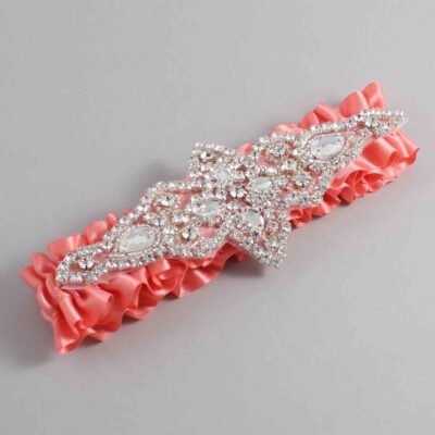 Woodrose Satin Wedding Garter / Solid Orange Wedding Garters / Lorine # (816-816)-01-A09-Silver