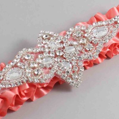 Woodrose Satin Wedding Garter / Solid Orange Wedding Garters / Lorine # (816-816)-01-A09-Silver