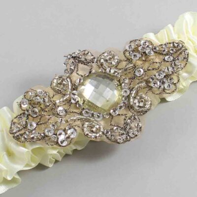 Candlelight Satin with Brown Wedding Garter / Ivory Wedding Garters / Bijou # (820-820)-01-A01-Antique