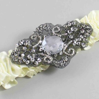 Candlelight Satin with Black Wedding Garter / Ivory Wedding Garters / Bijou # (820-820)-01-A02-Black