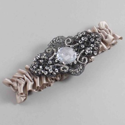 Taupe Satin with Black Wedding Garter / Brown Wedding Garters / Bijou # (823-823)-01-A02-Black