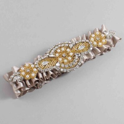 Taupe Satin with Gold Wedding Garter / Brown Wedding Garters / Charlotte # (823-823)-01-A05-Gold