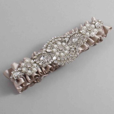 Taupe Satin Wedding Garter / Solid Brown Wedding Garters / Charlotte # (823-823)-01-A06-Silver