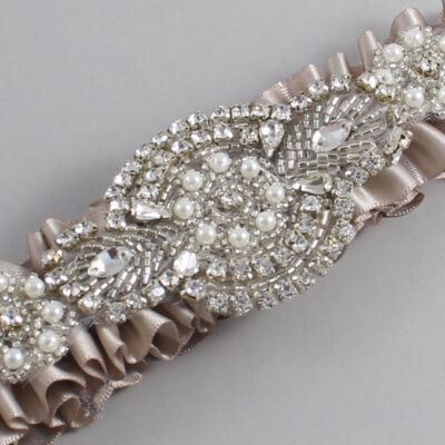 Taupe Satin Wedding Garter / Solid Brown Wedding Garters / Charlotte # (823-823)-01-A06-Silver