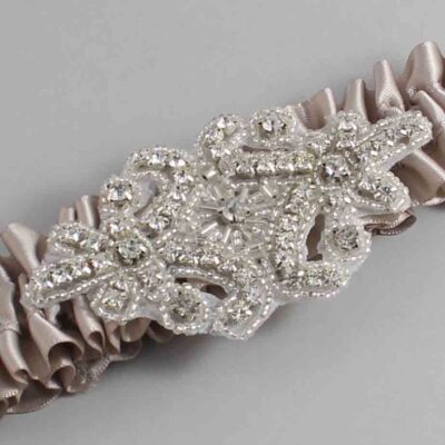Taupe Satin Wedding Garter / Solid Brown Wedding Garters / Heather # (823-823)-01-A07-Silver