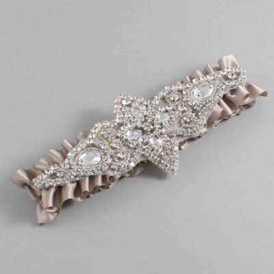 Taupe Satin Wedding Garter / Solid Brown Wedding Garters / Lorine # (823-823)-01-A09-Silver