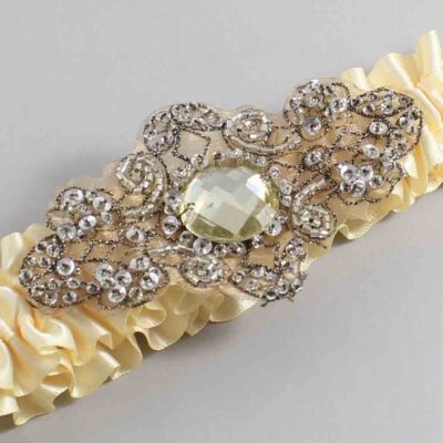 Buttermilk Satin with Brown Wedding Garter / Yellow Wedding Garters / Bijou # (824-824)-01-A01-Antique