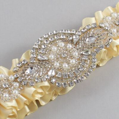 Buttermilk Satin Wedding Garter / Solid Yellow Wedding Garters / Charlotte # (824-824)-01-A06-Silver