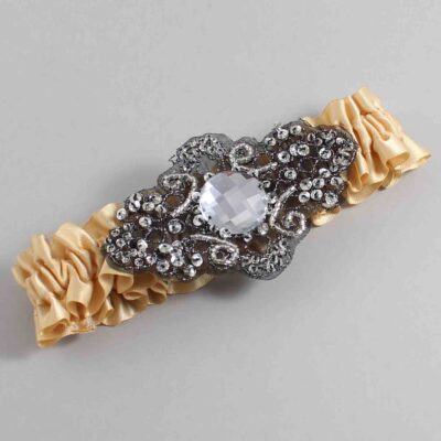 Raw Silk Satin with Black Wedding Garter / Gold Wedding Garters / Bijou # (826-826)-01-A02-Black