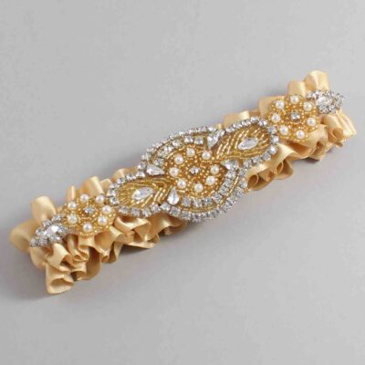 Raw Silk Satin with Gold Wedding Garter / Gold Wedding Garters / Charlotte # (826-826)-01-A05-Gold