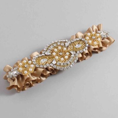 Desert Sand Satin with Gold Wedding Garter / Brown Wedding Garters / Charlotte # (830-830)-01-A05-Gold