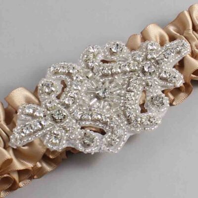 Desert Sand Satin Wedding Garter / Solid Brown Wedding Garters / Heather # (830-830)-01-A07-Silver
