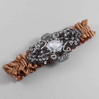 Chipmunk Satin with Black Wedding Garter / Brown Wedding Garters / Bijou # (845-845)-01-A02-Black