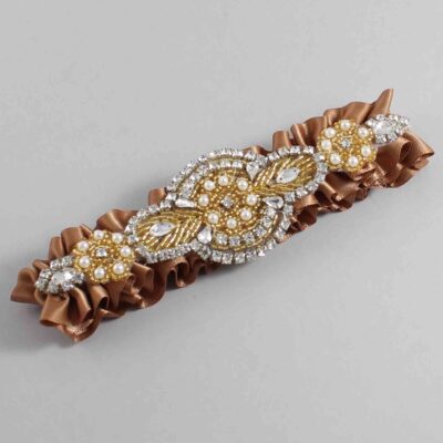 Chipmunk Satin with Gold Wedding Garter / Brown Wedding Garters / Charlotte # (845-845)-01-A05-Gold