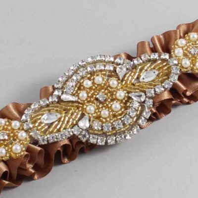 Chipmunk Satin with Gold Wedding Garter / Brown Wedding Garters / Charlotte # (845-845)-01-A05-Gold