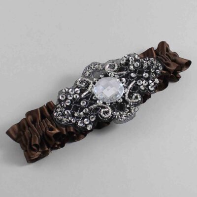Coffee Satin with Black Wedding Garter / Brown Wedding Garters / Bijou # (850-850)-01-A02-Black