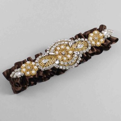 Coffee Satin with Gold Wedding Garter / Brown Wedding Garters / Charlotte # (850-850)-01-A05-Gold