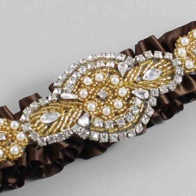 Coffee Satin with Gold Wedding Garter / Brown Wedding Garters / Charlotte # (850-850)-01-A05-Gold